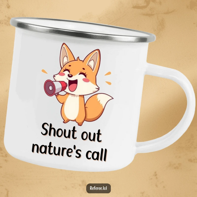 Funny camping mug with a cheerful fox holding a megaphone and pointing enthusiastically, robust and perfect for energetic outdoor use.