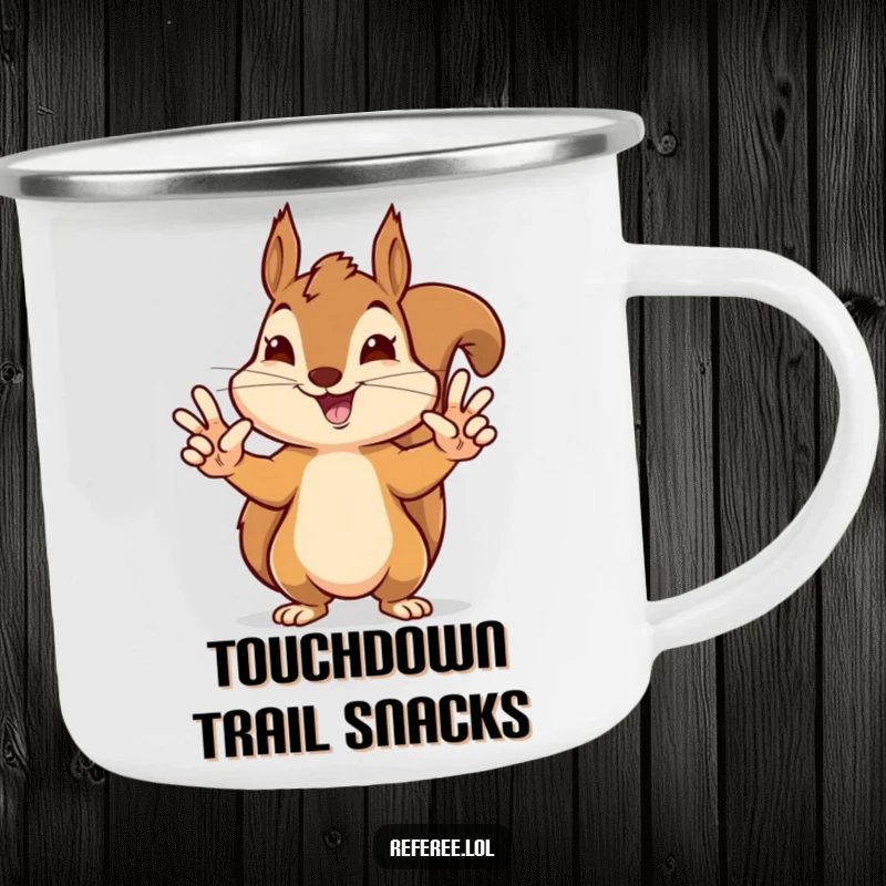 Funny camping mug featuring a delighted squirrel giving precise touchdown signals, ideal for outdoor adventures and sports fans.