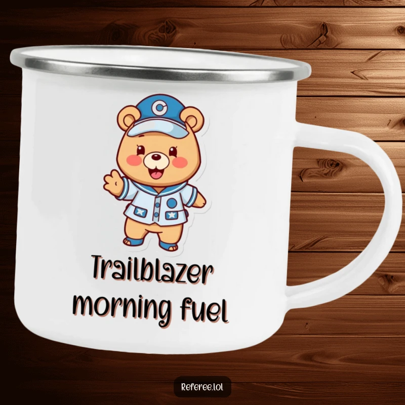 Funny bear campfire mug showing a happy bear in uniform excitedly gesturing a play forward, perfect for outdoor enthusiasts who love positivity.