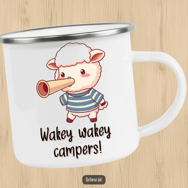 Funny sheep wearing a striped shirt, blowing a giant whistle on a camping mug, perfect for outdoor fun.
