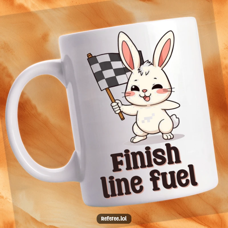 Funny bunny mug showing a determined rabbit with goggles, vigorously waving a checkered flag, ready for victory.