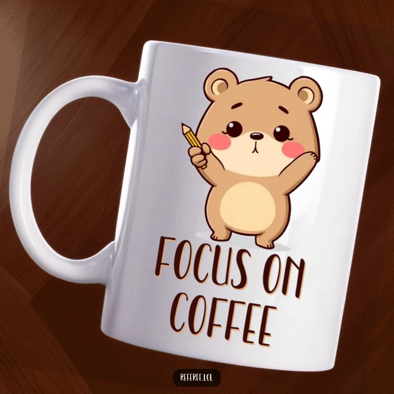 Funny determined bear energetically pointing with a tiny pencil on a mug, symbolizing focus and direction.