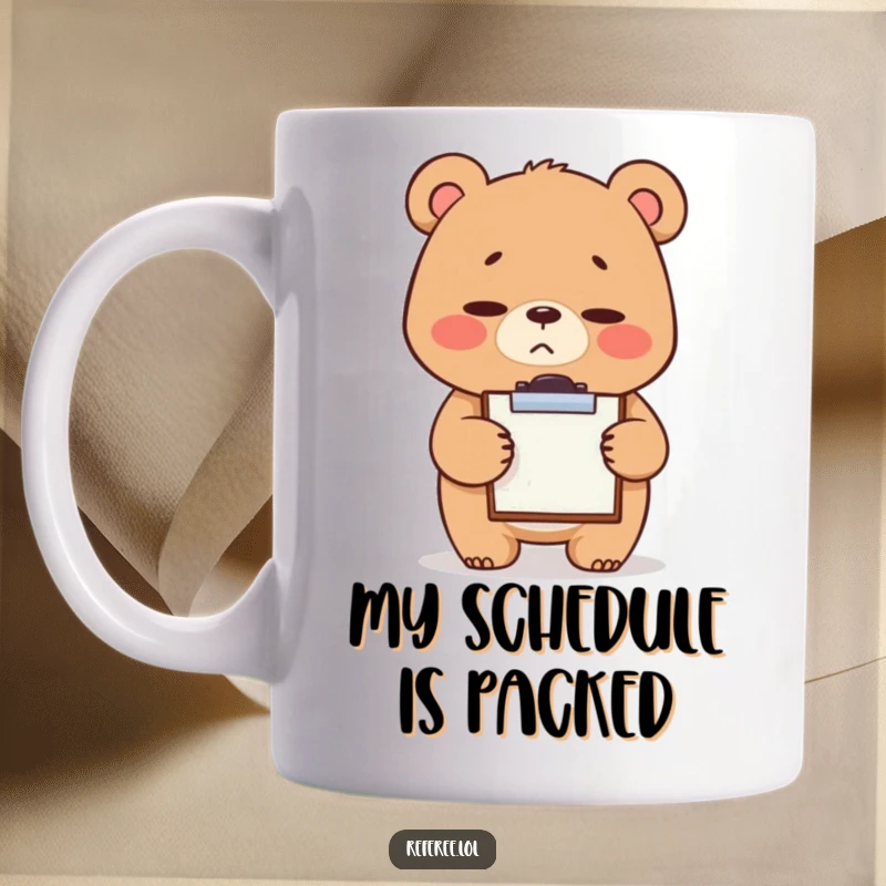 Funny mug of a giggling bear with a stern, yet cute, expression, diligently tapping a tiny clipboard, symbolizing mock seriousness in office life.