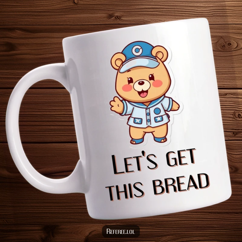 Funny bear coach mug featuring a happy bear in a uniform excitedly gesturing a play forward, conveying leadership and team spirit.
