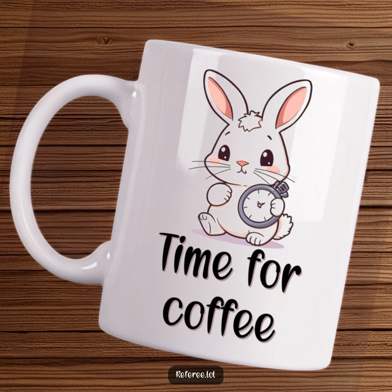 Funny bunny with twitching nose intently checking a stopwatch, on a coffee mug, capturing focused humor.