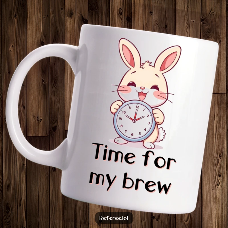Funny bunny mug showing a delighted bunny with a wide smile, holding a stopwatch. Punctual and happy character.