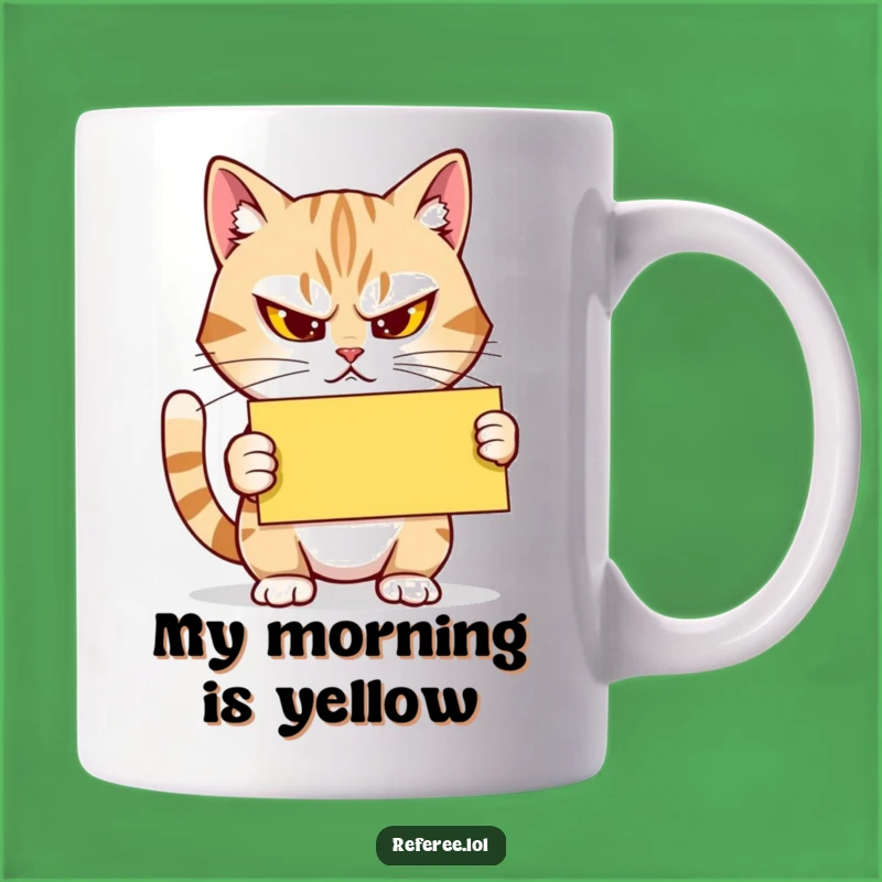 Funny Cat Referee Mug: Determined Cat with Yellow Card, Perfect for Game Lovers