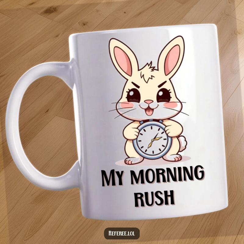 Funny mug showing a cheerful rabbit with a stopwatch, looking energetic and determined. A fun, fast-paced, and humorous funny gift.