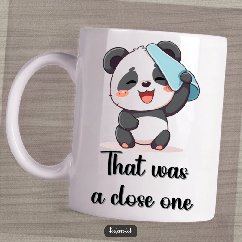 Funny mug featuring a giggling panda character wiping sweat from its brow with a towel. Ideal for hard workers.
