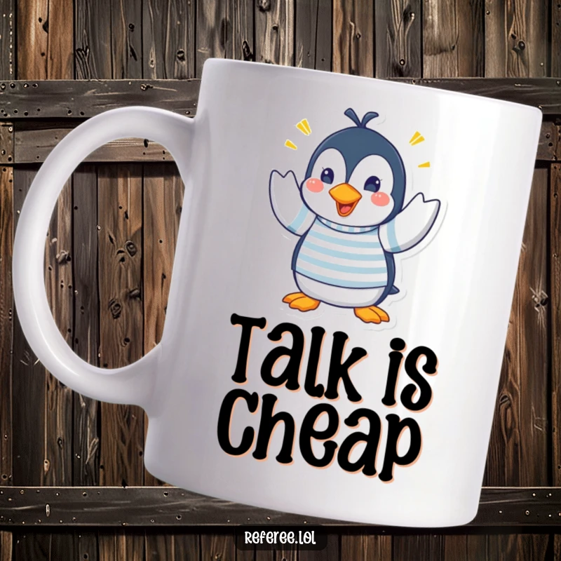 Funny mug featuring a playful penguin in a striped shirt enthusiastically making frantic, nonsensical hand signals, inviting laughter and confusion.
