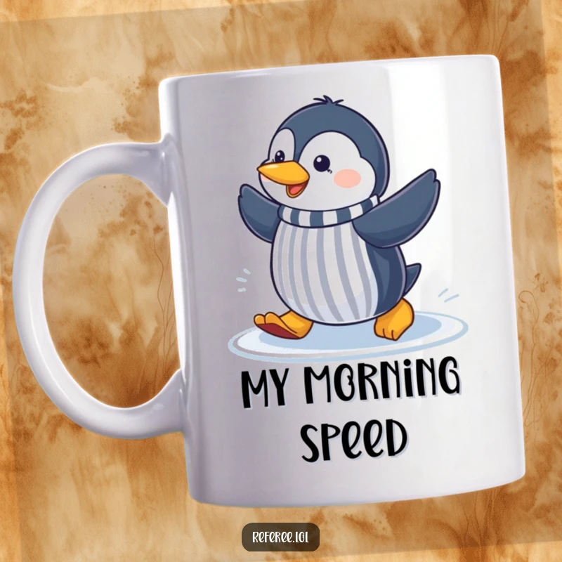 Funny cheerful penguin sliding on ice, making a referee gesture, printed on a mug for a humorous and sporty vibe.