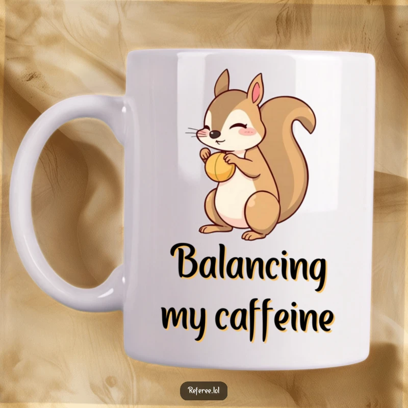 Funny squirrel mug showing a playful squirrel perfectly balancing a small ball on its nose with great concentration. Adorable and amusing.