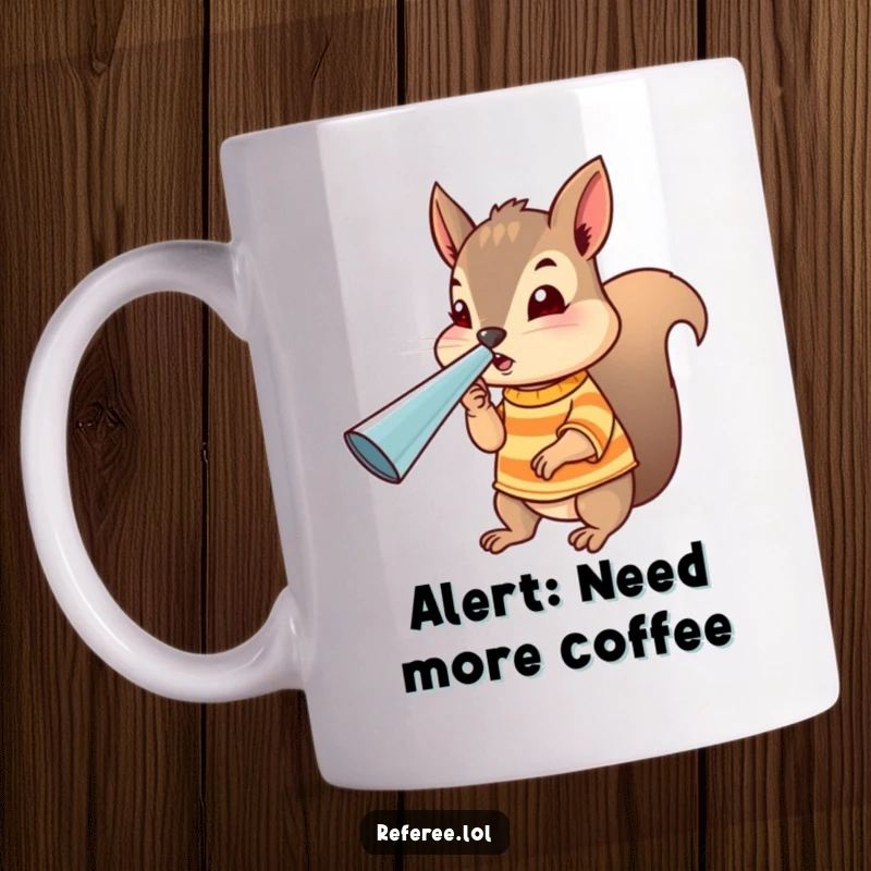 Funny squirrel referee mug with a tiny squirrel in a striped shirt blowing a giant whistle, embodying authority and humor.