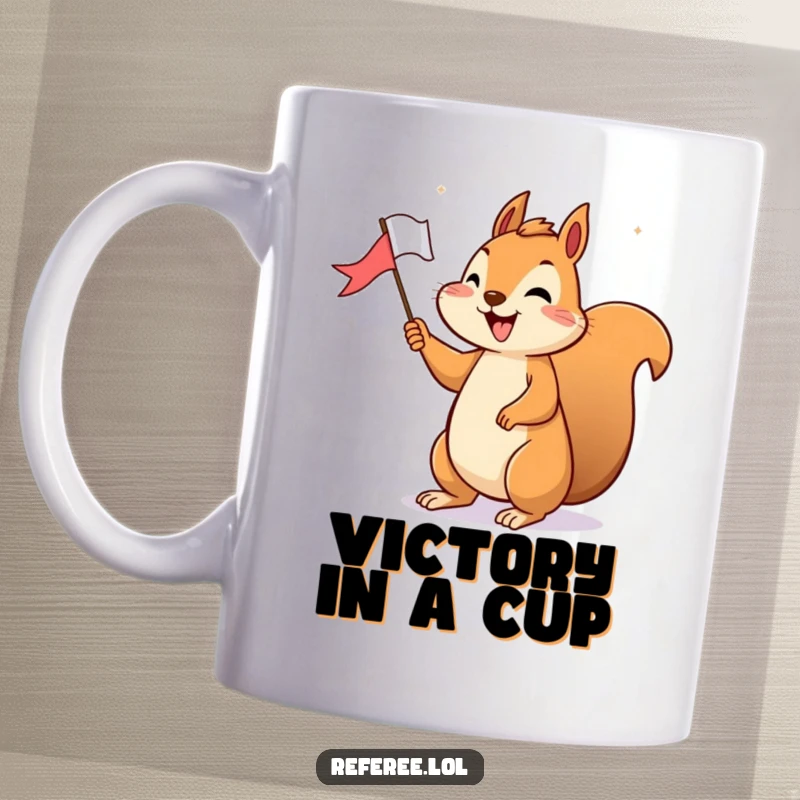 Funny Mug: A cheerful squirrel proudly holds a tiny flag, happily signaling a glorious victory with a big smile.