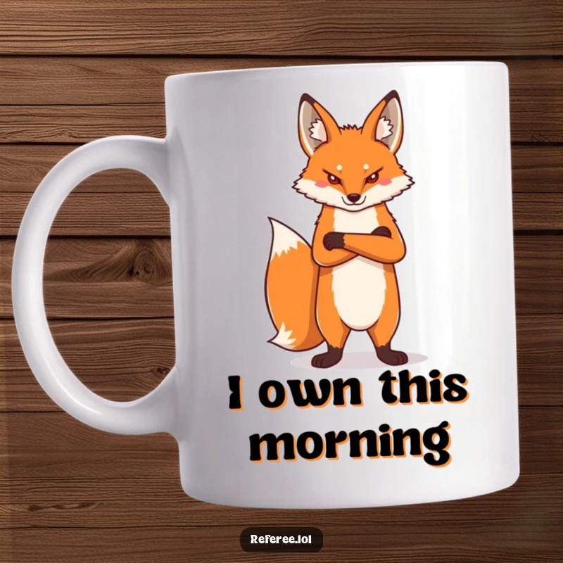 Funny proud fox standing tall, arms crossed, with a stern expression, printed on a mug for a humorous and authoritative feel.