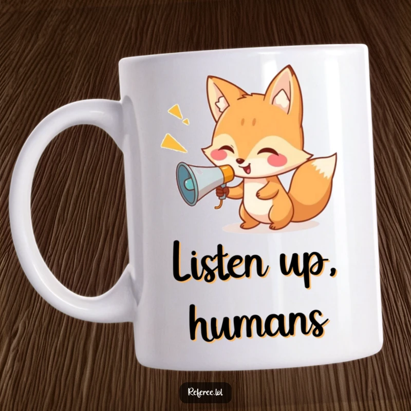 Funny giggling fox shouting instructions through a tiny megaphone, depicted humorously on this delightful mug.