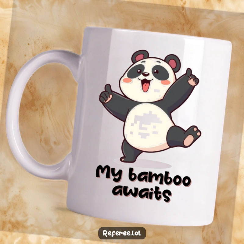 Funny mug featuring an enthusiastic panda stomping its foot and pointing emphatically, expressing a strong, humorous opinion.