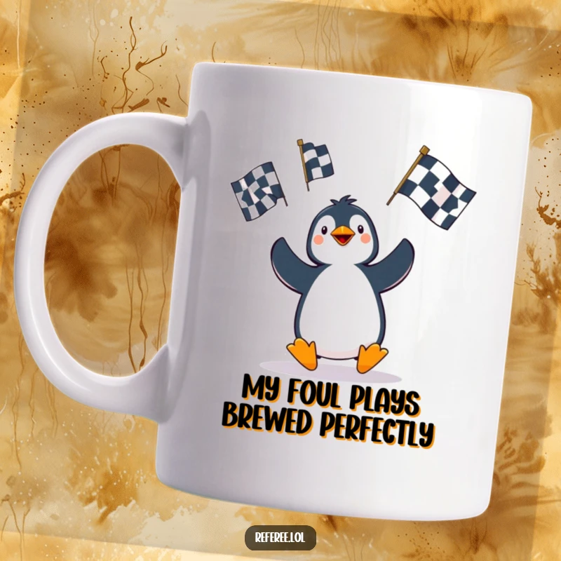 Funny Penguin Mug: A playful character comically juggles oversized penalty flags, showcasing a hilarious moment of athletic mishap.