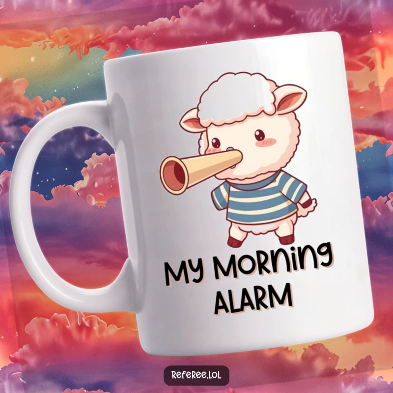Funny sheep in a striped shirt blowing a giant whistle on a mug, conveying energetic and humorous announcement.