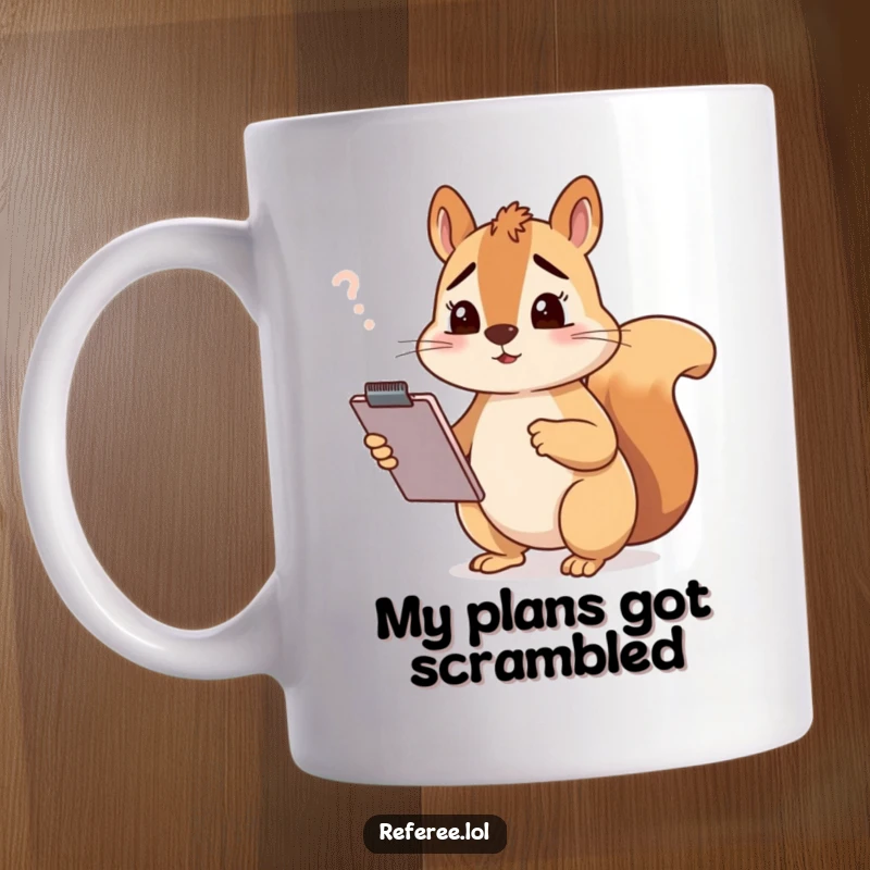 Funny squirrel with clipboard looking totally confused, symbolizing workplace bewilderment on a ceramic mug, great funny gift.