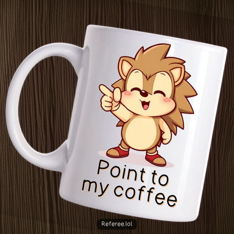 Funny hedgehog mug, authoritatively pointing towards a goal line with a focused and happy expression.