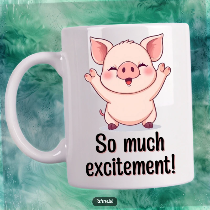 Funny giggling piglet signaling with both paws raised high on a mug, expressing excitement and delight.