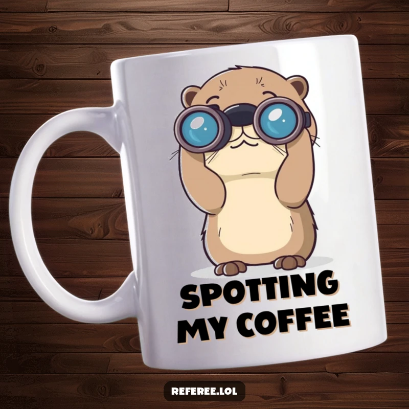Funny mug showing a cute otter with big, curious eyes, peering intently through oversized binoculars. A delightful exploration-themed funny gift.