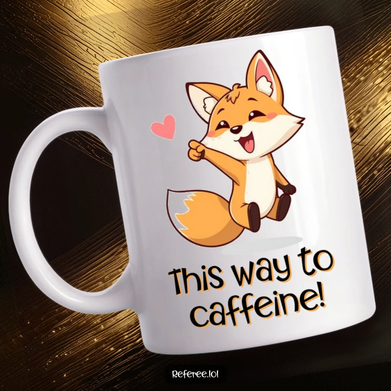 Funny mug with a bouncing fox enthusiastically pointing towards a soccer goal, a humorous gift for sports fans and animal lovers.
