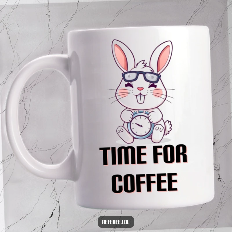 Funny mug featuring a cheerful rabbit with a stopwatch, looking determined and energetic, ready for action.