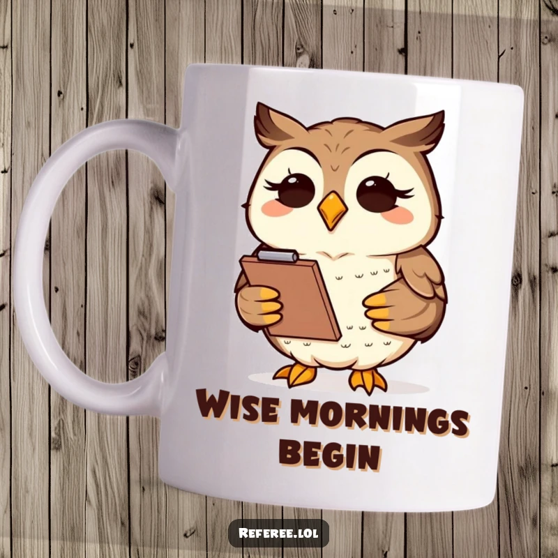 Funny smiling owl nodding wisely, holding a clipboard, on a coffee mug, conveying intelligent humor.