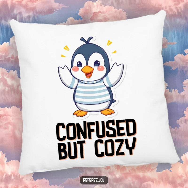 Funny decorative pillow featuring a penguin in a striped shirt making frantic hand signals, bringing humorous, expressive energy to any room.