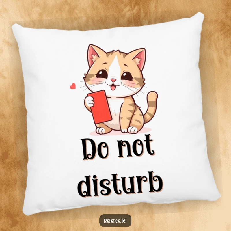 Funny cat pillow showcasing a fluffy kitten playfully swatting a tiny red card, offering comfort and a touch of mischief.