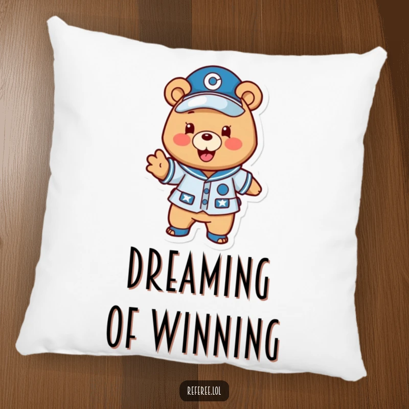 Funny bear sports pillow featuring a happy uniformed bear excitedly gesturing a play forward, providing comfort and motivational humor.