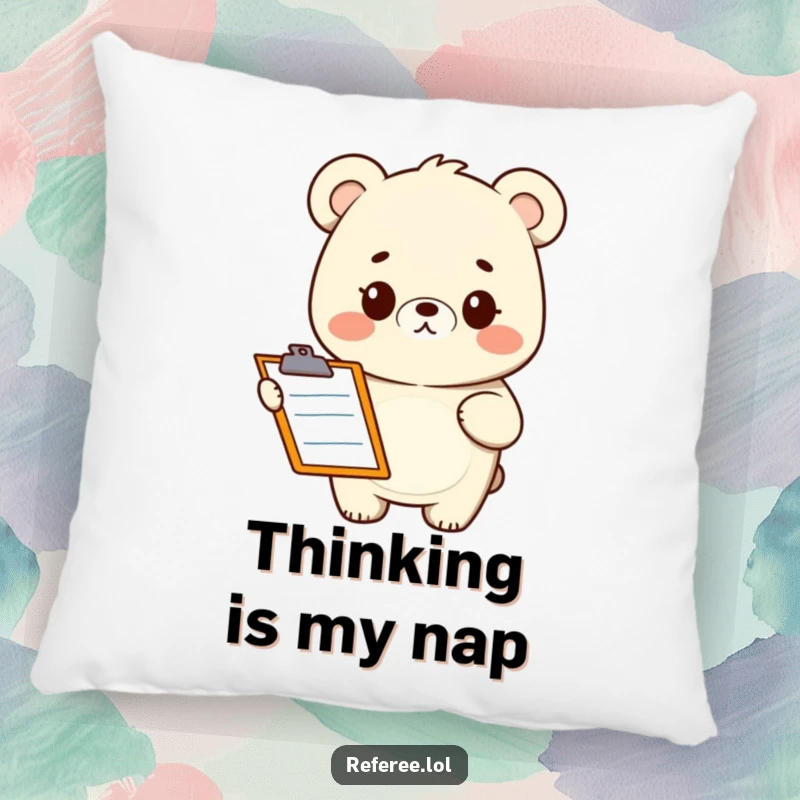 Funny pillow with a quizzical smiling bear character holding a clipboard. Soft and humorous home decor.