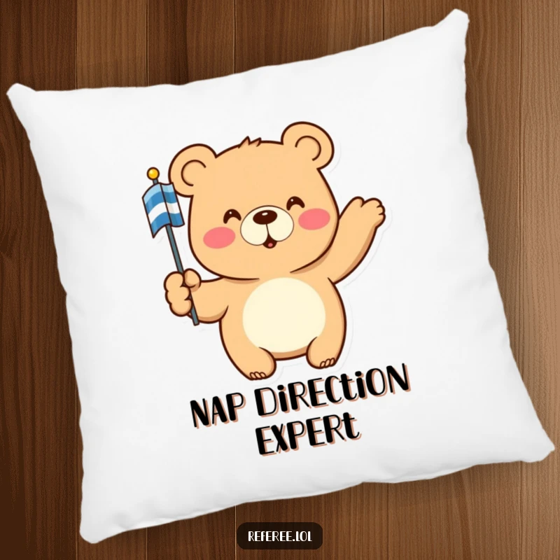Funny Pillow: A happy bear points with a striped flag, bringing comfortable humor and authoritative charm to any cozy space.