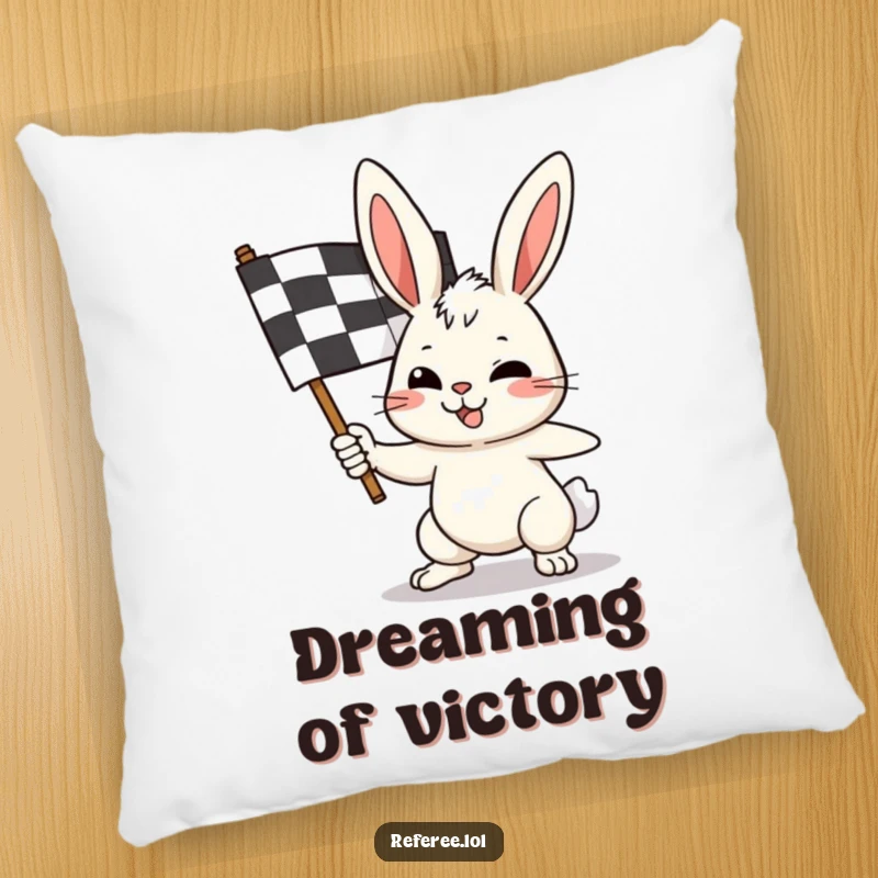 Funny bunny pillow with a determined rabbit holding a checkered flag, offering support and a touch of racing fun.