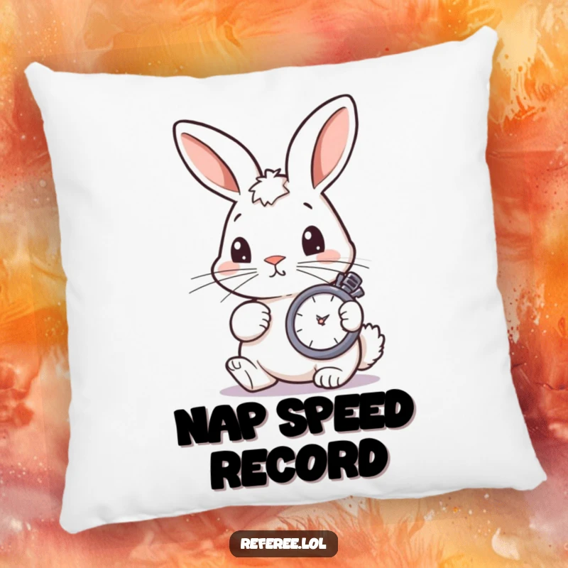 Funny bunny checking a stopwatch with concentration, on a soft and funny decorative pillow.