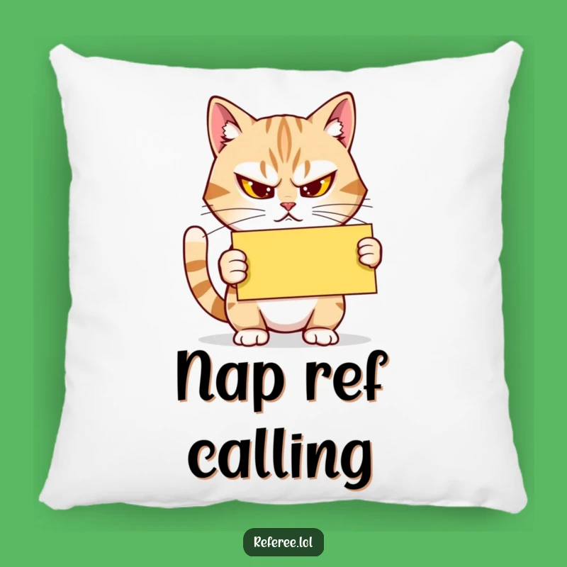 Funny Cat Pillow: Cozy Comfort with a Determined Referee Cat & Yellow Card
