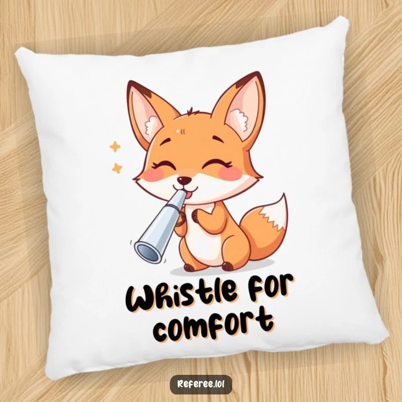 Funny cheerful fox blowing a shiny silver whistle, on a soft and funny decorative pillow.