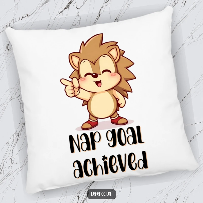 Funny hedgehog pillow, happily pointing towards a goal line, offering comfort and encouragement to pursue dreams.