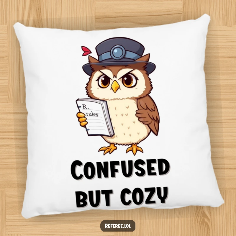 Funny owl confusion pillow featuring a confused owl in a fancy hat holding a rulebook upside down, providing comfort and intellectual humor.