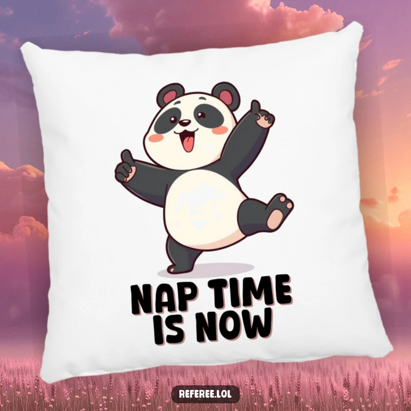 Funny pillow featuring an enthusiastic panda stomping its foot and pointing emphatically, offering comfort with humorous personality.