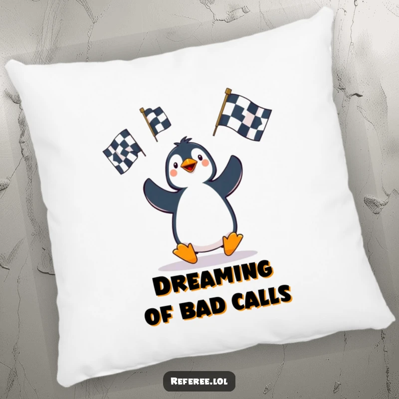 Funny Penguin Pillow: A cute penguin character is depicted hilariously juggling penalty flags, adding a touch of humor to this soft cushion.