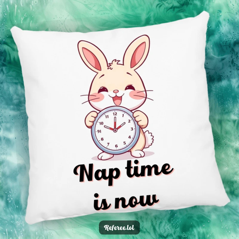 Funny bunny pillow depicting a delighted bunny with a wide smile, holding a stopwatch. Cozy and humorously punctual.