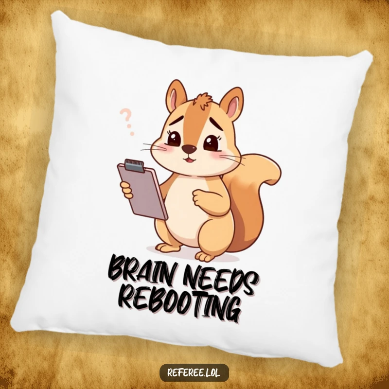 Funny squirrel character with a clipboard looking confused, featured on a soft pillow, great funny gift accent.