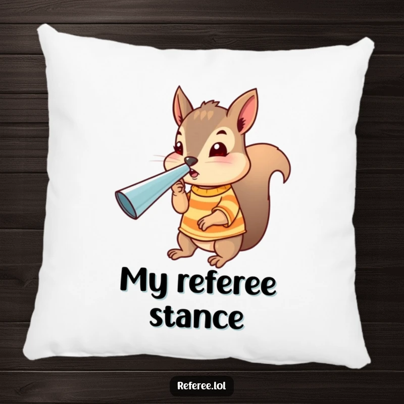 Funny squirrel whistle pillow featuring a tiny uniformed squirrel blowing a giant whistle, perfect for adding comfort and humor.