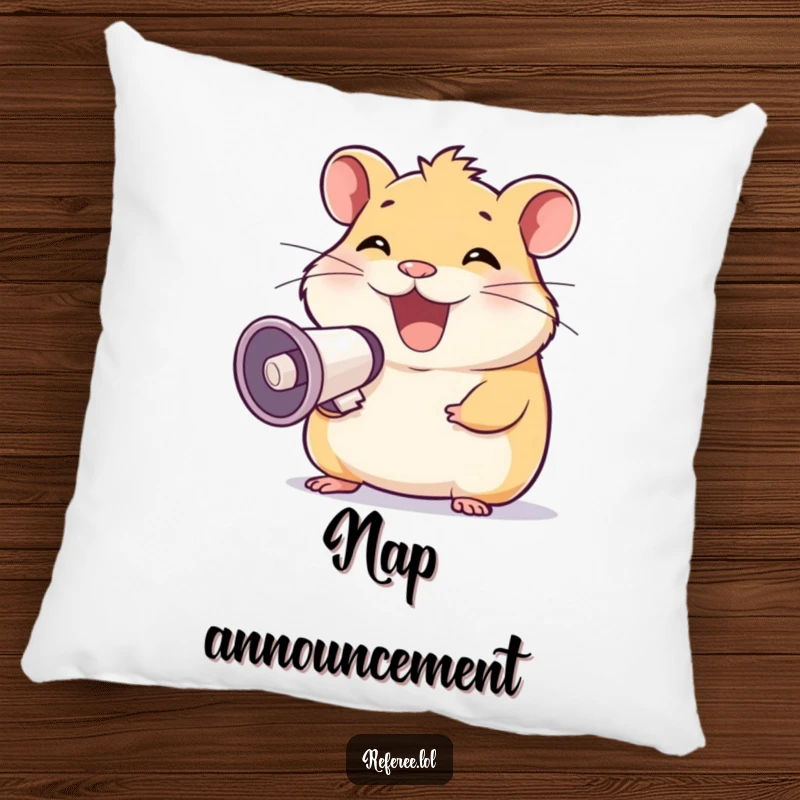 Funny pillow with a happy hamster grinning and using a megaphone, providing comfort and loud humor, a great funny gift.