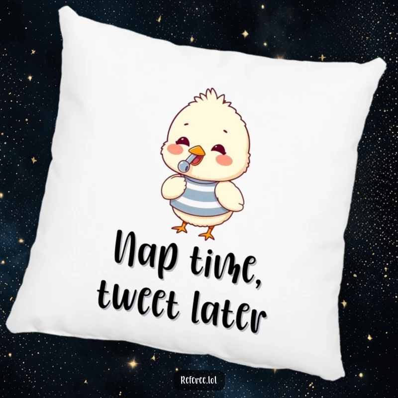 Funny pillow featuring a fluffy chick in a striped shirt, blowing a whistle with glee, offering soft comfort and adorable cheer.