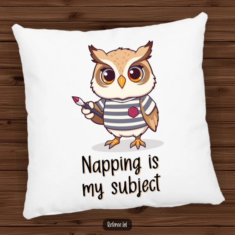 Funny Owl Pillow featuring a proud owl in a striped jersey, holding a pointer, designed for comfort and a chuckle.