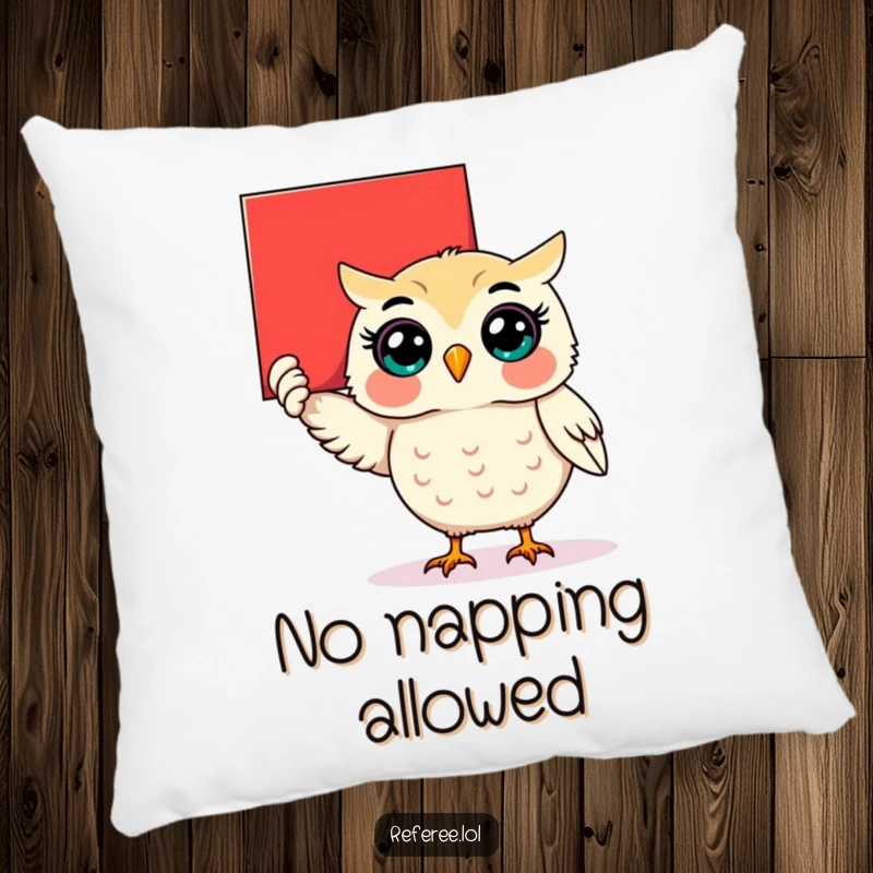 Funny surprised owl holding up a giant red card on a pillow, providing comfort with a humorous warning.
